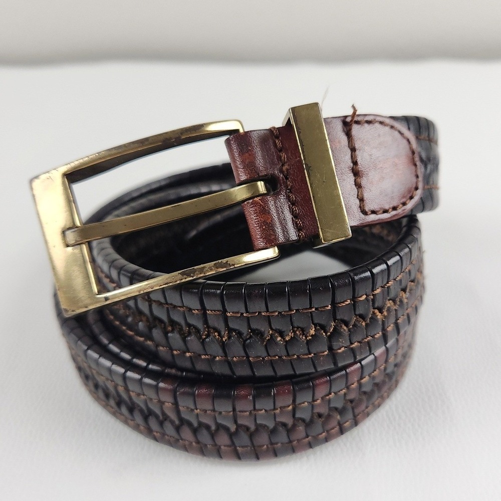 Italian Full Grain Leather Woven Belt 40 Brown‎ Gold Buckle Dark Academia Rugged